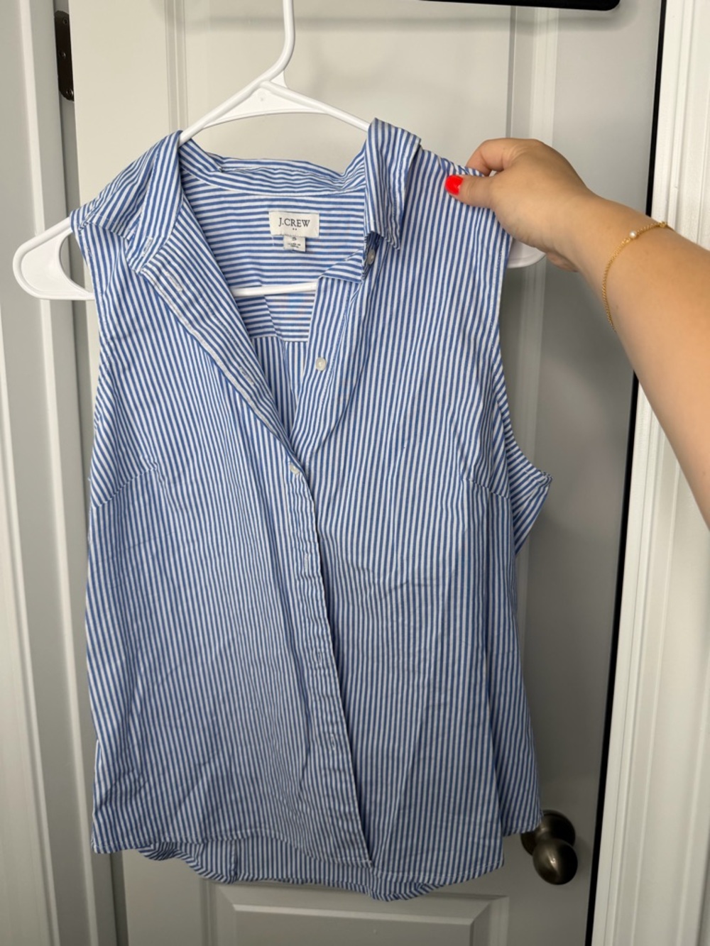 J. Crew Blue and White Striped Sleeveless Button Front Top